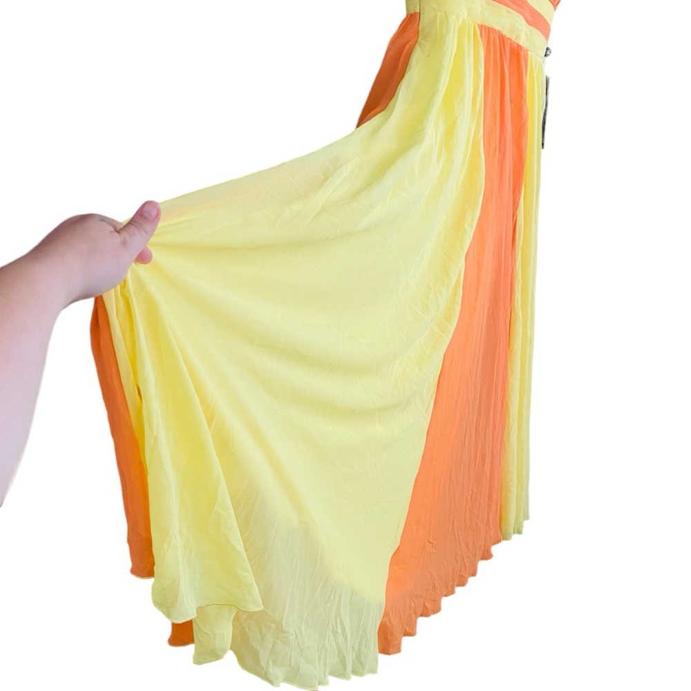 Grace Karin NWT Yellow & Coral Orange Color Block Pleated Maxi Dress Size Size 8 - Picture 5 of 9